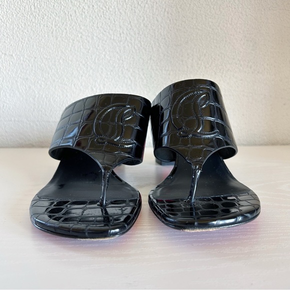 Christian Louboutin Tongamule Black Croc Embossed CL Logo Block Heels Size EU 39 - Picture 6 of 13